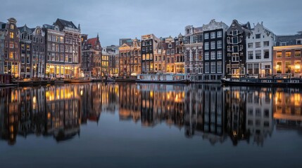 Fototapeta premium Serene Evening Skyline with Historic Buildings Reflecting on Calm Canals at Dusk