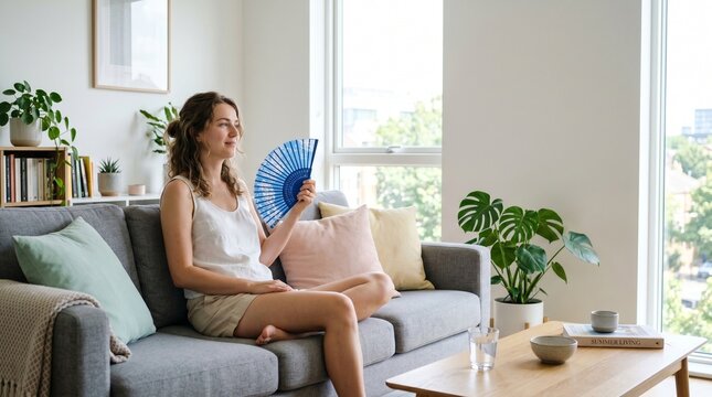 Young woman staying cool indoors during a summer heatwave, relaxing on a sofa with a handheld fan and water in a bright apartment, highlighting comfort, hydration and warm weather coping.