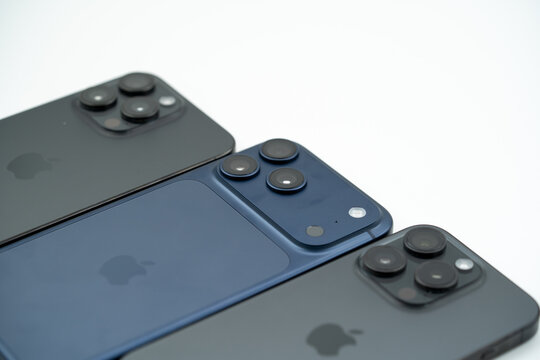 Different Apple iPhone models displayed side by side on white background. Toronto, Canada - June 5, 2026.
