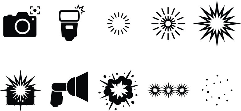 Collection of black camera and flash icons with light burst effects on a white background photography
