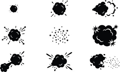 Collection of black cartoon explosion and burst icons on a white background boom blast © shahzad