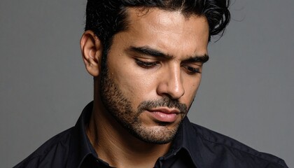 Obraz premium A handsome young man with a well groomed beard looking down thoughtfully while wearing a black shirt against a plain studio gray background.