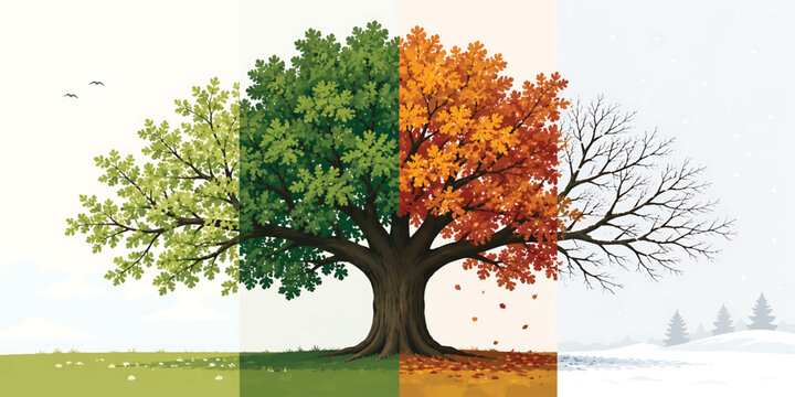 A vibrant autumn tree in the park showcases colorful maple leaves and branches, creating a beautiful nature illustration for any season design