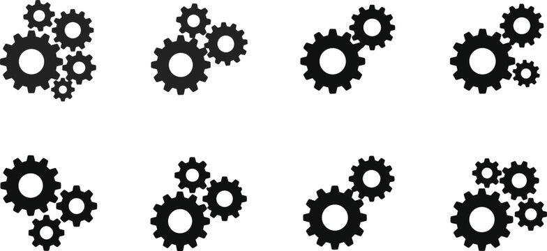 Set of black gear wheel icon clusters representing teamwork mechanical process automation technology industrial engineering workflow business solutions and cooperation vector concept