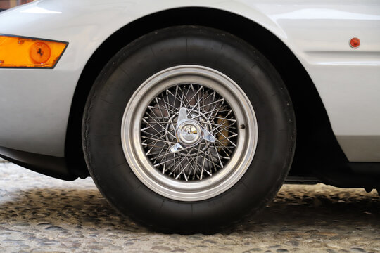 Modena, Italy, may 29 2026 - Motor Valley Fest 2026 public exhibition, detail of the spoked wheel, Ferrari Daytona, classic vintage car