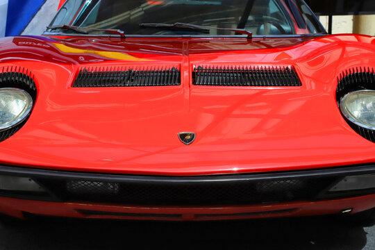 Modena, Italy, may 29 2026 - Motor Valley Fest 2026 public exhibition, front view of the Lamborghini Miura, classic vintage car, detail