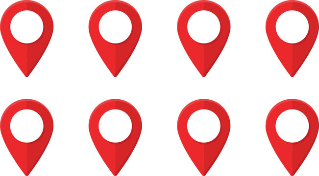 Set of red map pin pointer icons with flat shadow detail representing GPS navigation travel destination tracking logistics address delivery and location marker vector elements