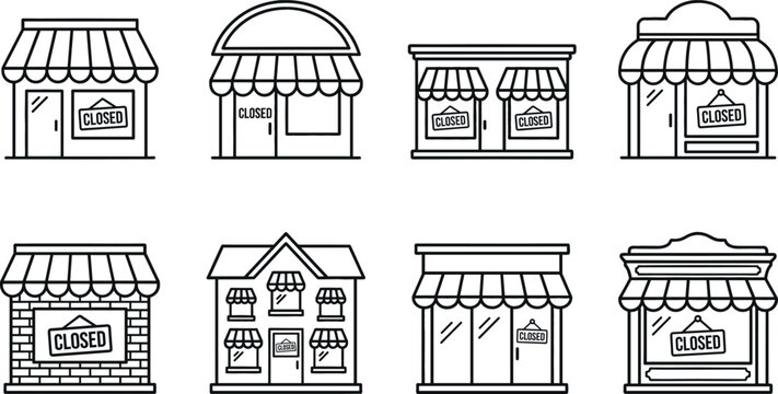 Set of store front line icons with closed signs and awnings representing small retail business bankruptcy economic crisis or evening closing hours vector illustration