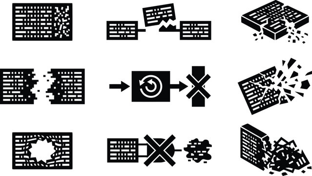 Collection of Black Icons Representing Destruction and Breaking Apart broken shattered