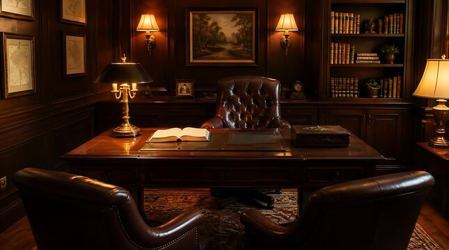 Luxurious vintage office with leather chairs and antique desk.