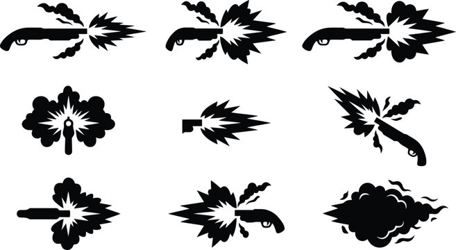 Collection of Black Silhouette Gun Muzzle Flashes and Smoke Effects explosion