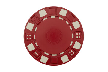 Naklejka premium A red casino poker chip with white edge details and geometric patterns, viewed from directly above, isolated on a black background surface