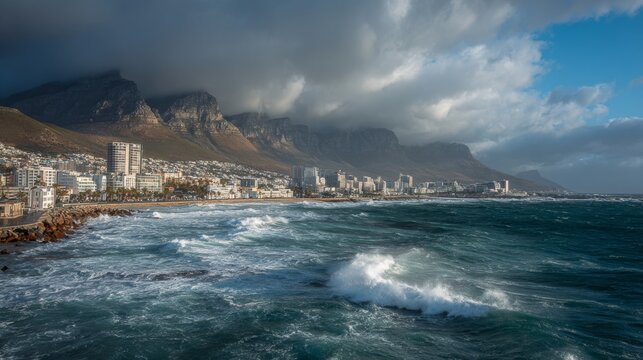 Beautiful cityscape of Cape Town with dramatic Table Mountain backdrop and ocean waves under moody skies