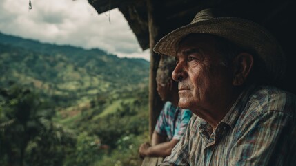 Obraz premium Serene Coffee Farmers in Green Mountains: A Glimpse into Rural Life and Tradition
