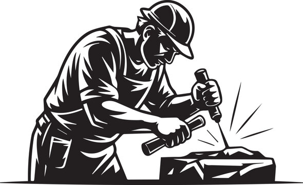 Black and white illustration of a worker with a hammer isolated on white background