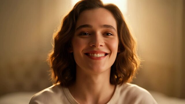 Young Woman Having an Idea and Smiling at the Camera in Bedroom