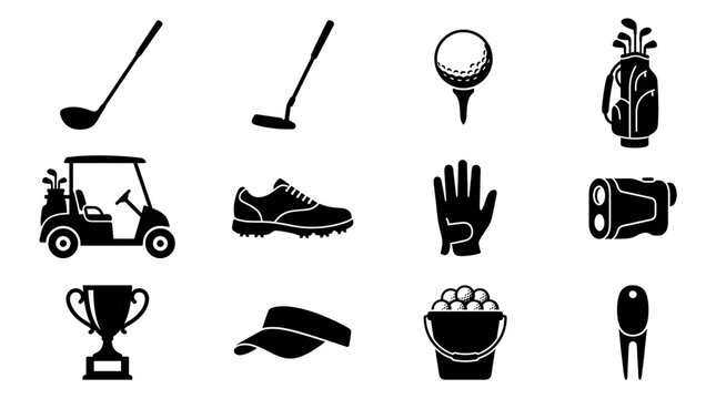 Black golf equipment icons set with clubs balls carts and professional sports gear for tournaments and training designs