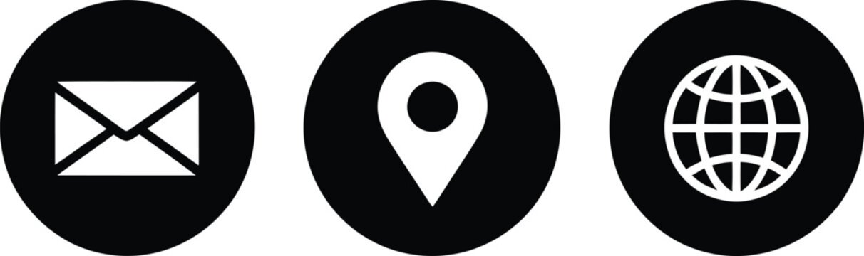 Modern flat icons set of mail, location pin, and globe on black circles