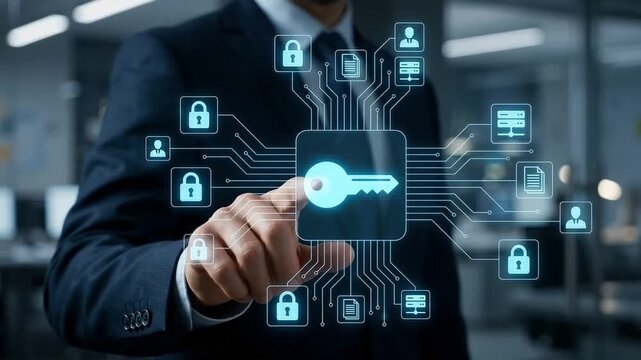 Cybersecurity Access Concept: Businessman Interacting with Floating Holographic Key Icon and Network Interface