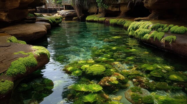 Clear Green Pool Surrounded by Mossy Rocks in Canyon