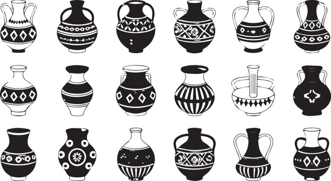 Collection of black and white ancient pottery vases with decorative patterns isolated on white background