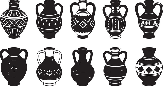 Collection of black and white ancient pottery vases isolated on white background
