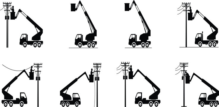 Cherry, picker, truck, vector, silhouette, set, utility, lift, crane, boom, bucket, worker, electrician, lineman, power, pole, isolated, collection, illustration, graphic,