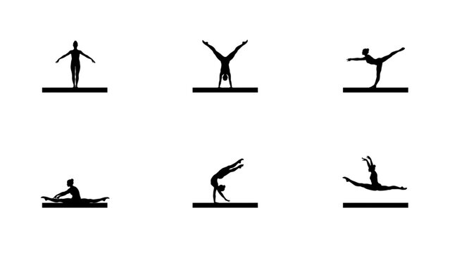 Six gymnastics poses on beam in black and white vector style Vector