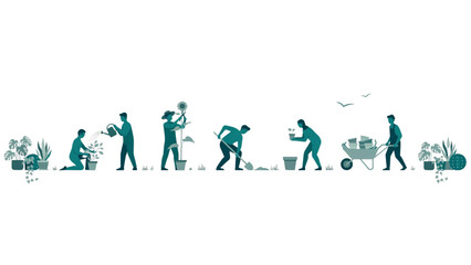 Obraz premium Illustrated sequence of person gardening and planting flowers in soil Vector