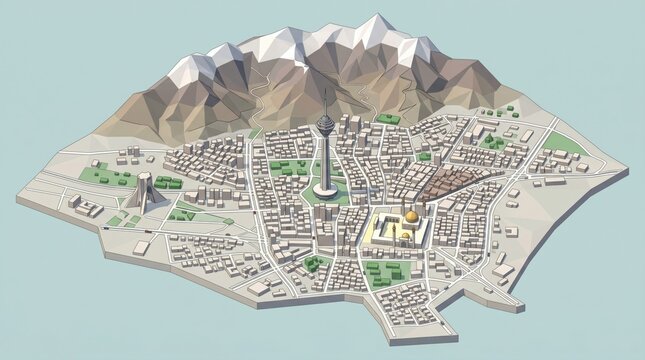 Opened ingredieIsometric low poly 3D map of Tehran city with Milad tower and landmarksnt
