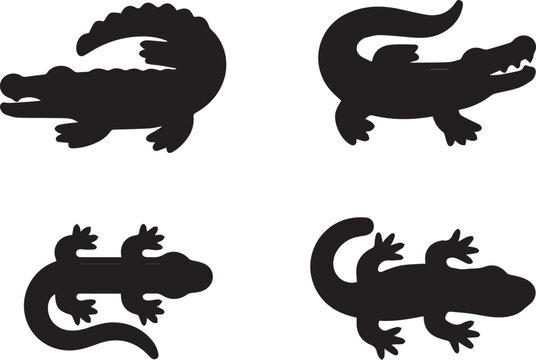 Silhouettes of crocodiles and lizards isolated on white background
