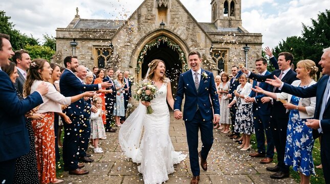 Newlywed couple walking happily while friends and family throwing confetti on couple at the wedding ceremony in front of the church	