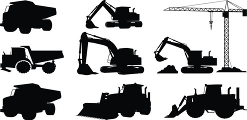 Construction heavy machinery silhouette vector set, excavator bulldozer dump truck icons, industrial building equipment graphics, tower crane isolated black illustrations, © MDMISTER