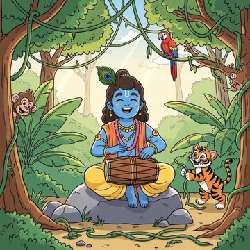 Playful blue-skinned deity with a drum in a lush jungle