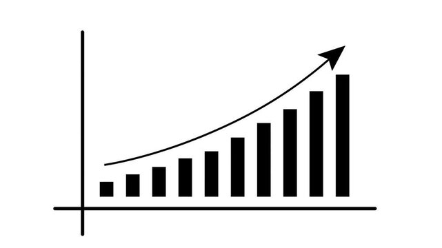 Motion animated footage of statistics bar growth with upward arrow - finance bar graph rising up, profit growth chart, positive increase chart, arrows axis, and business white background 4k video