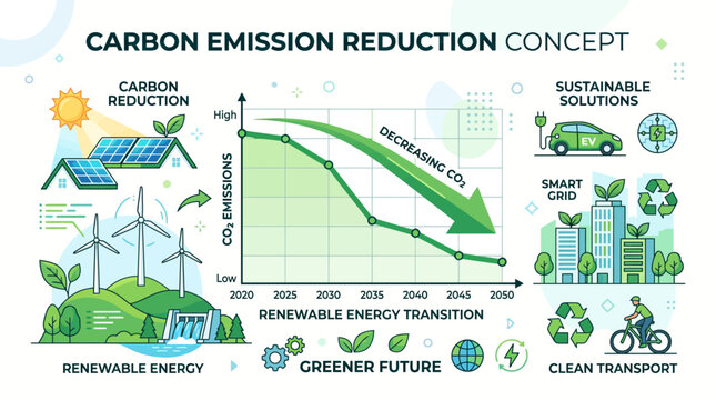 Infographic showing carbon emission reduction with solar panels, wind turbines, electric car, city buildings, bicycle, plants, and a downward graph of CO2 emissions from 2005 to 2050.
