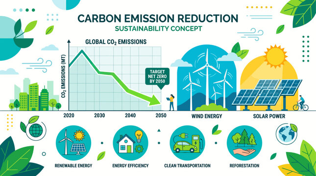 Infographic showing carbon emission reduction with global CO2 emission graph, wind turbines, solar panels, cityscape, leaves, and icons for renewable energy, efficiency, transportation.