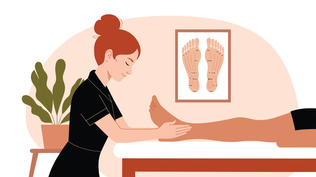 professional foot reflexology therapy session with therapist providing holistic wellness treatment relaxation healthcare and alternative medicine vector illustration