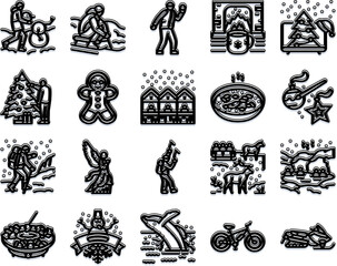 Obraz premium Outline vector icon set showcasing winter sports, festive christmas traditions, seasonal food and outdoor cold season activities skiing, skating, sledding, bonfire, tree decorating, travel