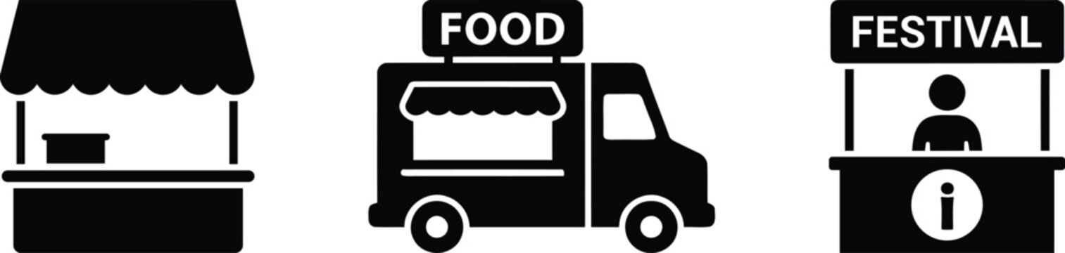 Black icons representing a market stall food truck and festival information booth for events and outdoor commerce business concepts