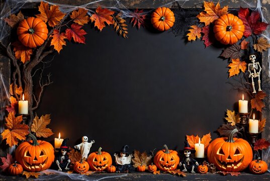 Halloween Frame Border on Black Background with Copy Space, Autumn Leaves and Pumpkins Flat Lay Design, Spooky Skeleton and Ghosts Festive Lettering Template