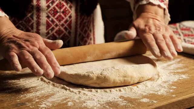 Hands roll dough on a floured wooden table in warm kitchen light, traditional embroidered clothing suggests heritage cooking, calm homely mood for baking
