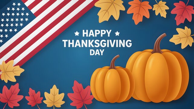 Happy thanksgiving day greeting card with pumpkins and autumn leaves on american flag background