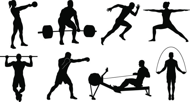Set of fitness and workout silhouettes featuring kettlebell swing, deadlift, running, yoga pose, pull ups, boxing, rowing machine, and jump rope