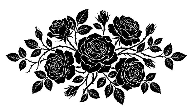 Black Rose Bouquet Silhouette with Leaves Decorative Floral Illustration for Elegant Designs