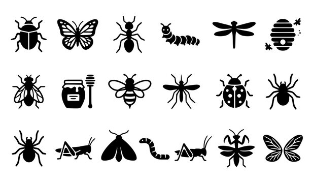 Insect Silhouette Collection Featuring Butterflies Bees Dragonflies and Beetles for Nature Designs