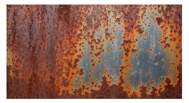 Severely corroded metal surface with orange rust and blue undercoat isolated on transparent background