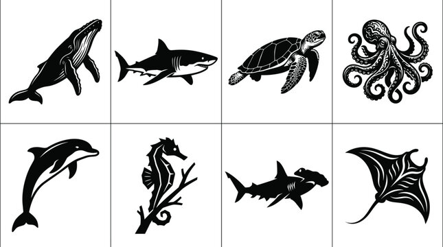 Set of marine wild animal silhouettes featuring humpback whale, great white shark, sea turtle, octopus, dolphin, seahorse, hammerhead shark, and manta ray