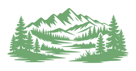 Mountainous landscape silhouette with coniferous trees and winding stream © MOHAMMAD