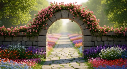 Fototapeta premium Colorful floral archway in a lush garden with blooming flowers